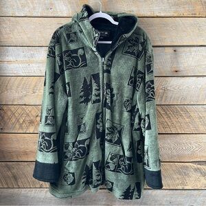 Vtg Nordic Lights Fleece Coat Jacket Lined Green Black Woodsy Pattern *READ*